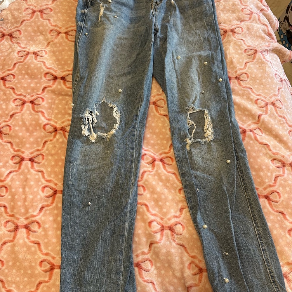 Distressed Blue Jeans with Pearl Accents